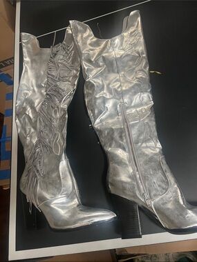 Zara Metallic Silver Fringe Over-the-Knee Boots